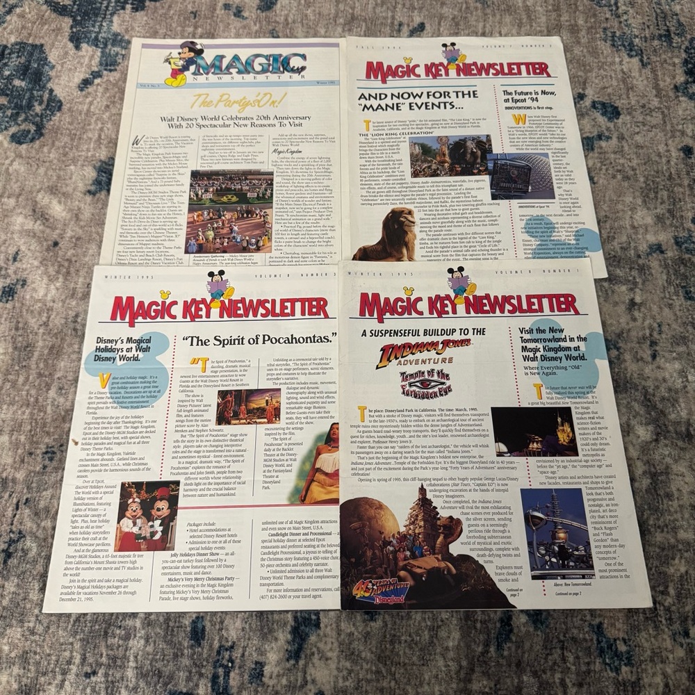 Disney Magic Key Newsletter Lot of 4 Issues 1994 & 1995‎ Vintage